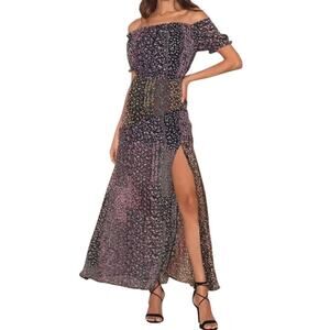 Lulus Maxi Dress Sz L Boho Ditsy Floral Patchwork Print Slit Off Shoulder NWT